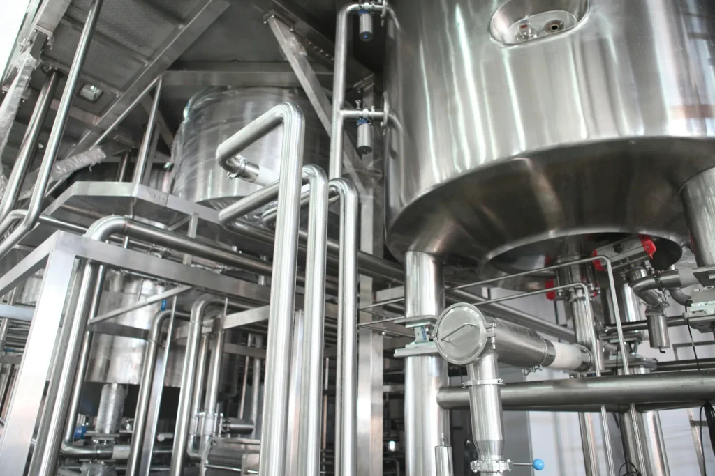 Complex stainless steel piping system in a chemical or food plant