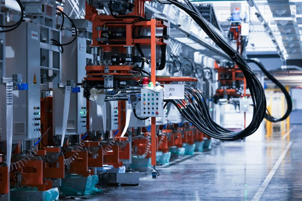 Robotic arms welding automotive parts in a car factory
